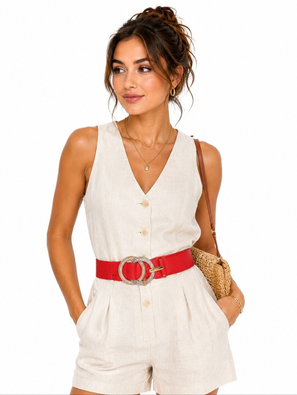 INC Red Wide Women's Stretch Belt with Crystal Interlocking Buckle Large-XL NEW